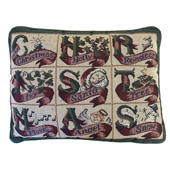 Christmas Tapestry Throw Pillow 16"x12" – Santa, Angel, Snow Scene Accent Decor - Picture 1 of 4